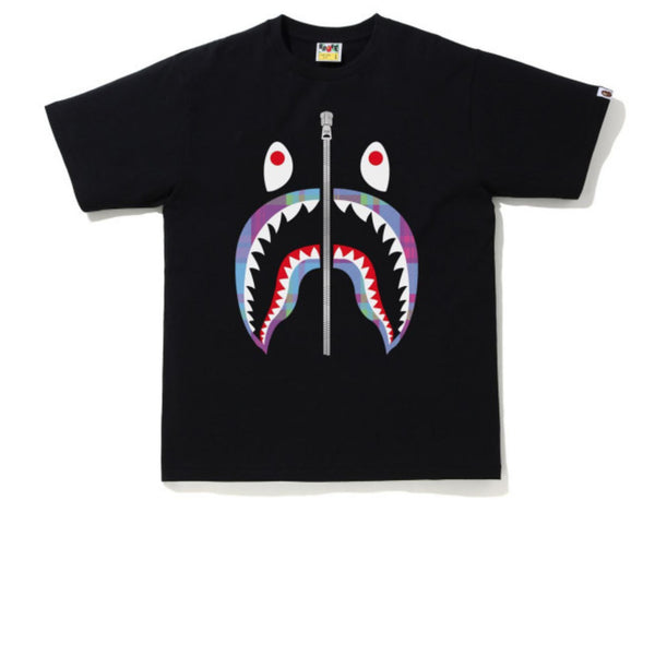BAPE SHARK MULTICOLOR CHECKED TEE BLACK