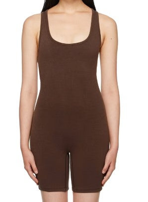 SKIMS OUTDOOR MID THIGH ONESIE JUMPSUIT COCOA