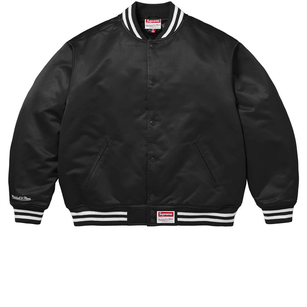 SUPREME X MITCHELL & NESS SATIN VARSITY JACKET BLACK FW24