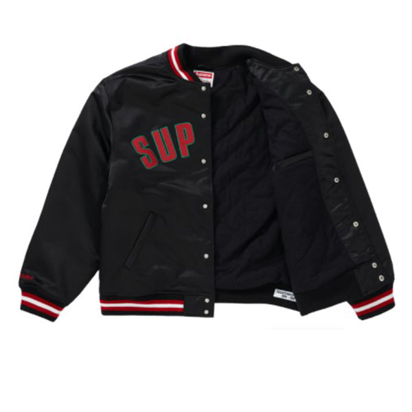 MITCHELL & NESS X SUPREME SATIN VARSITY JACKET BLACK SS21