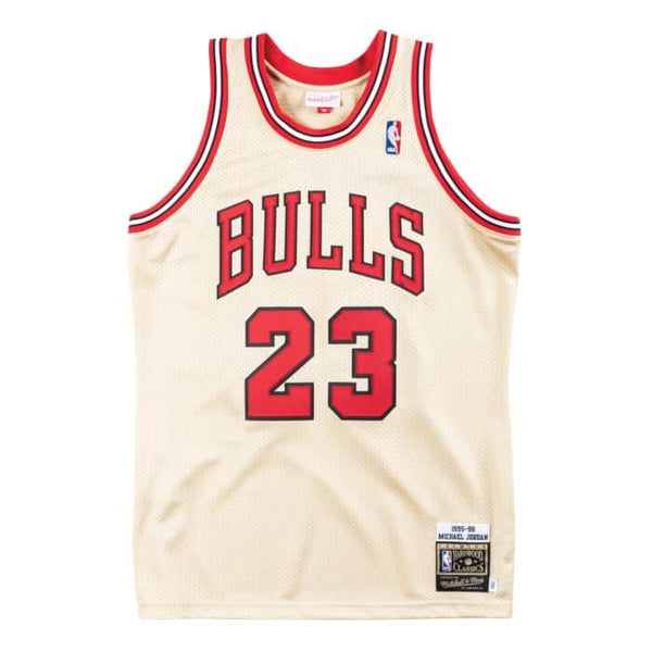 NBA Bulls 23 Michael Jordan Red&White Split Hardwood Classics Men